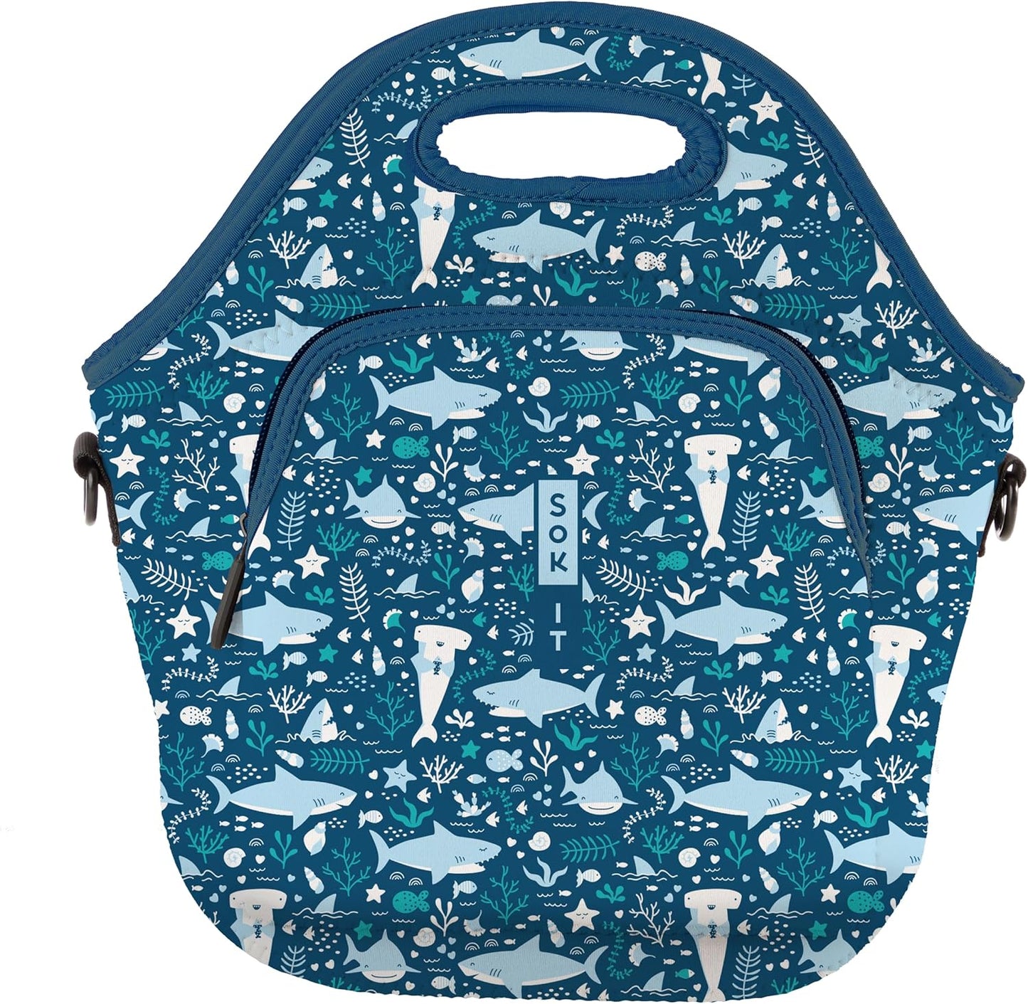 Sok It LunchTote Zippered Bag Insulated Neoprene Caddy (Happy Sharks, X-Large 6.5 Quart Lunch Tote)