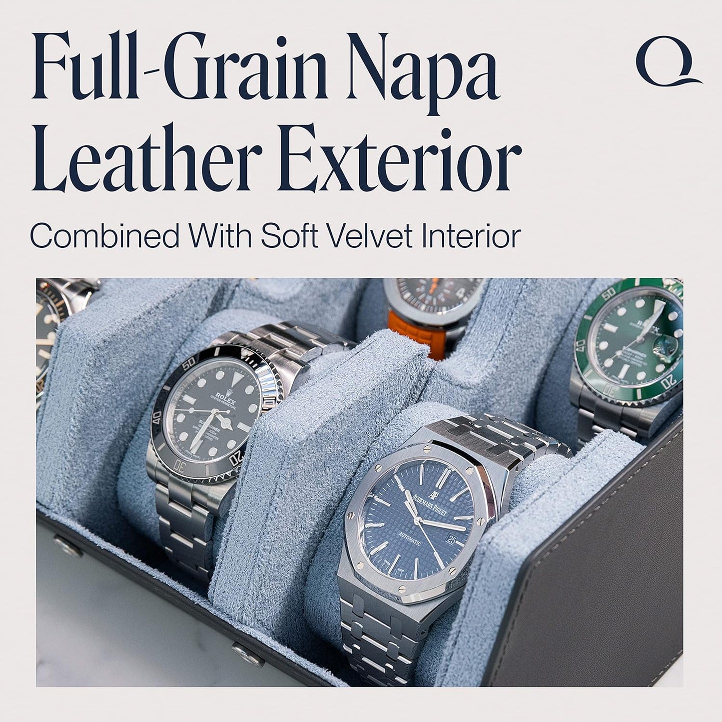 Napa Leather Watch Case for Men - Watch Roll Storage Organizer & Watch Display - Six Slot Luxury Watch Box for Home or Travel - Mens 6 Watch Holder Case (Gray Blue)