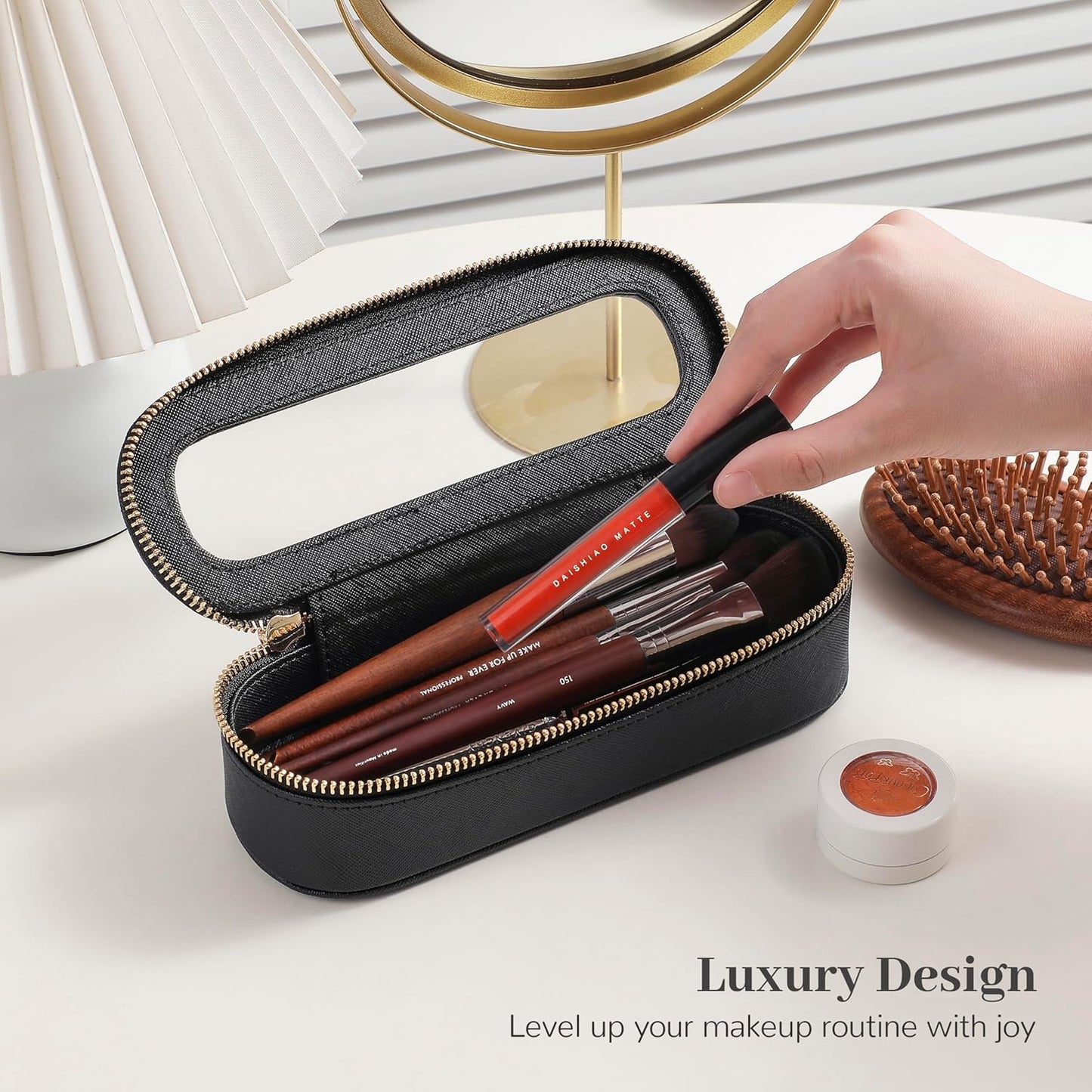 Aveniee Slim Clear Makeup Brush Bag, Small Cosmetic Brush Holder, Mini Toiletry Bag Travel Case for Women, Thin Make up Bags with Dual Zipper, Cute Travel Essentials Bag Organize - Black