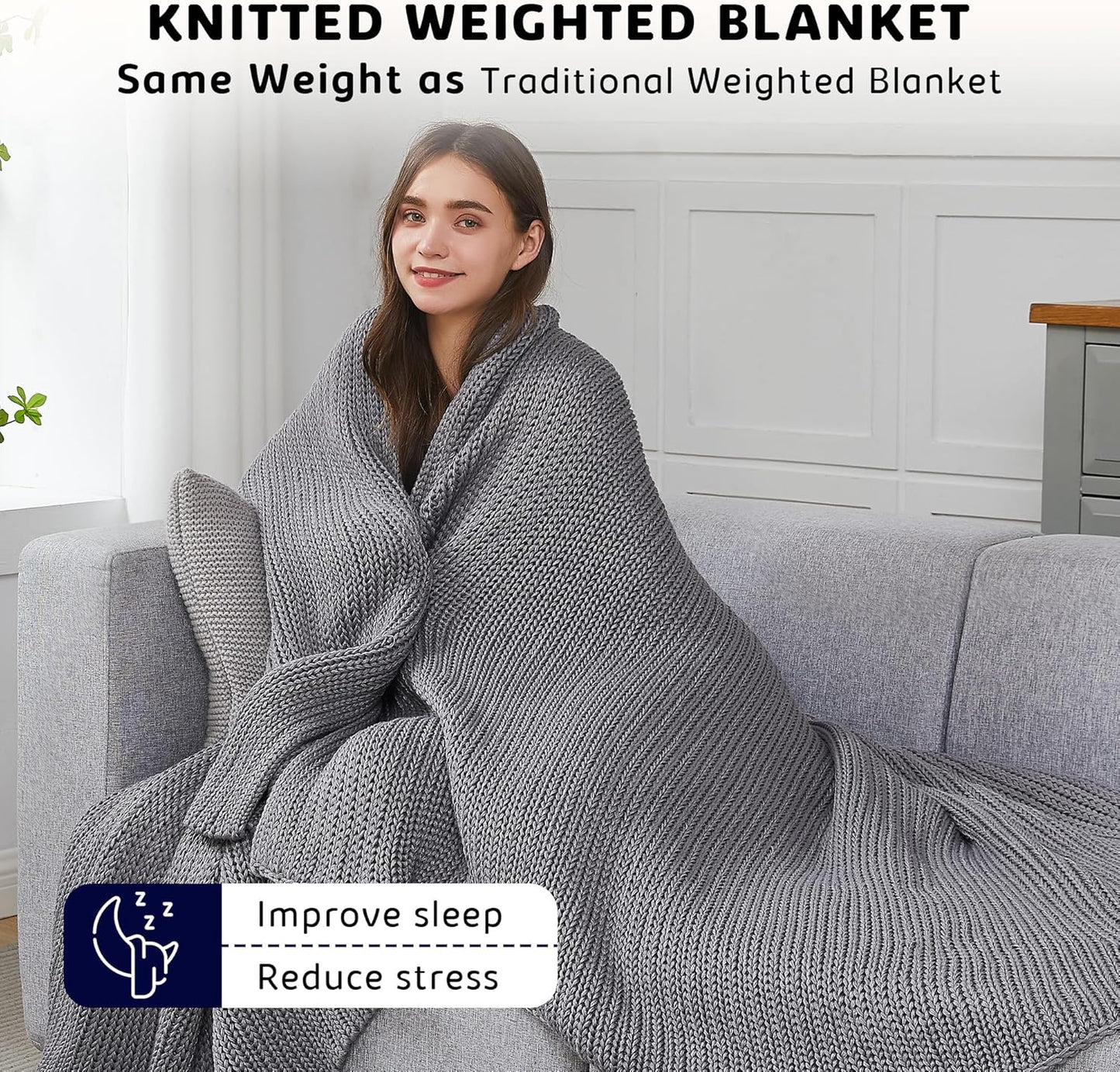 L'AGRATY Knitted Weighted Blanket - 48"x72" 20lbs Cooling Chunky Knit Heavy Blanket for Adults Braided Crochet Throw Thick Cable Yarn Knit Decorative No Beads Evenly Weighted Machine Washable