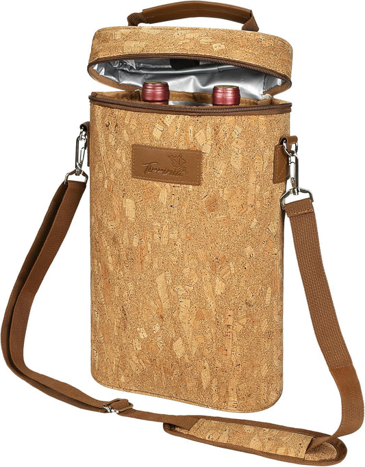 Tirrinia 2 Bottle Wine Gift Tote Carrier - Leakproof & Insulated Padded Versatile Wine Cooler Bag for Travel, BYOB Restaurant, Wine Tasting, Party, Dinner,Gift for Wine Lovers, Cork