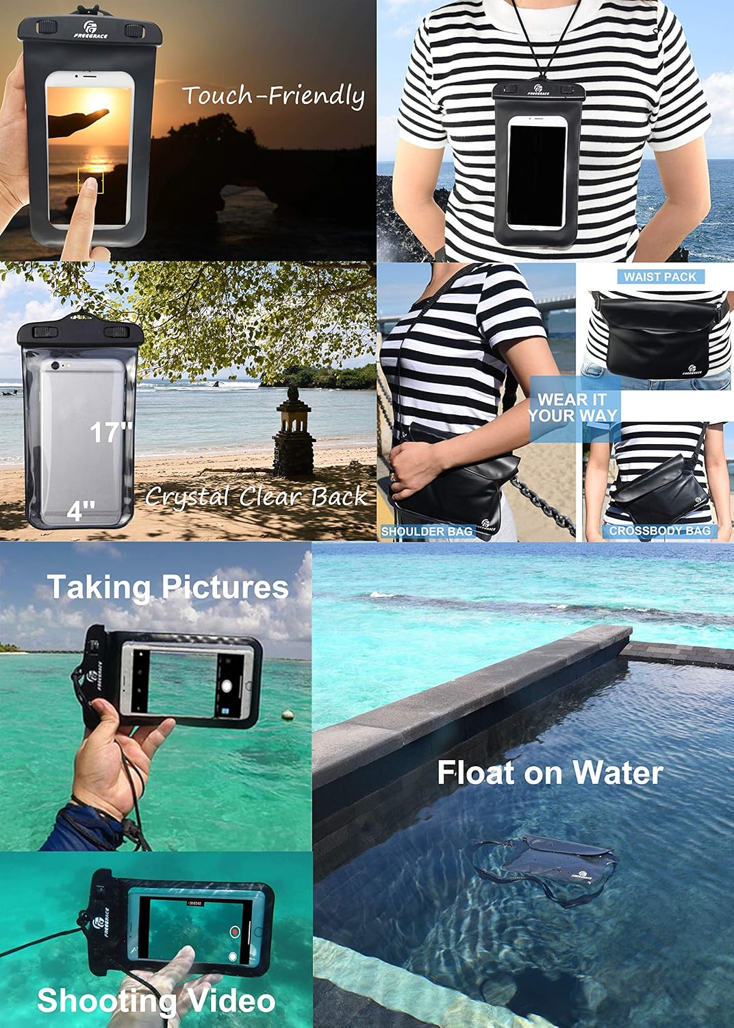 Freegrace Waterproof Dry Bags Set of 3 Dry Bag with 2 Zip Lock Seals & Detachable Shoulder Strap, Waist Pouch & Phone Case - Can Be Submerged Into Water - for Swimming (Sky Blue, 10L)