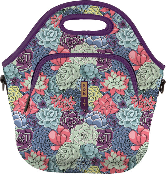 Sok It LunchTote Zippered Bag Insulated Neoprene Caddy (Succulents, X-Large 6.5 Quart Lunch Tote)