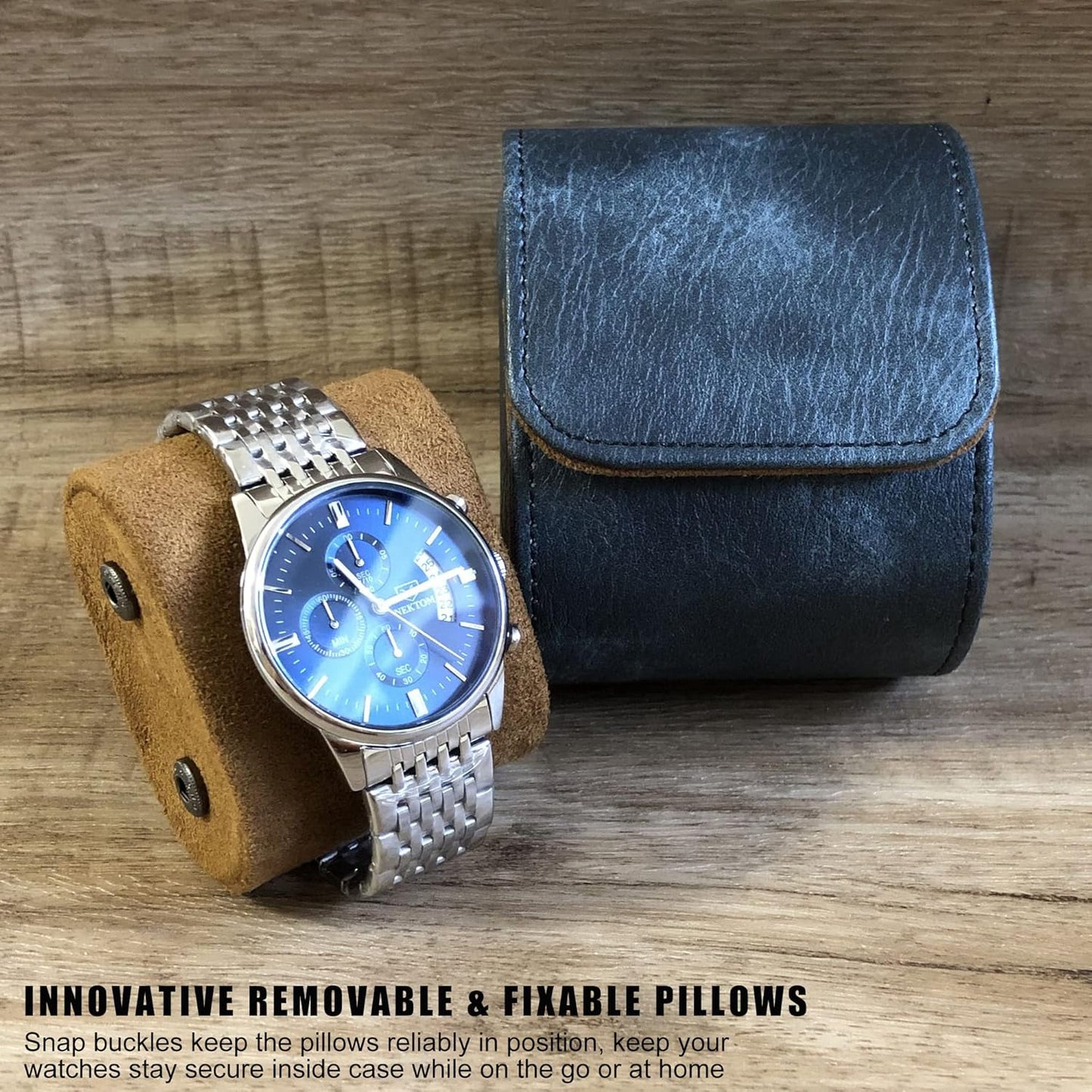 Longjet Watch Roll Travel Case for Men Portable Watches Organizer Box with Removable Velvet Pillow Holder (1 Slot Blue Grey)