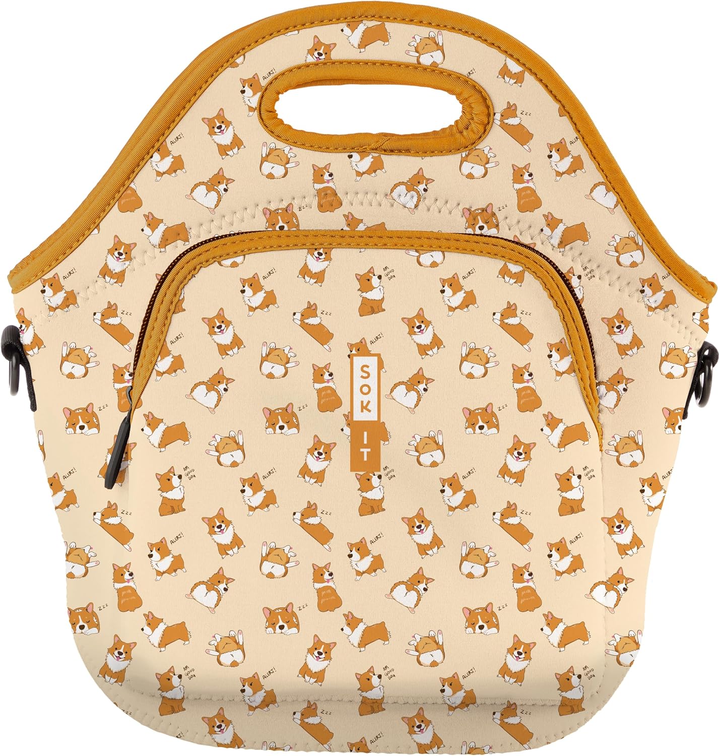 Sok It LunchTote Zippered Bag Insulated Neoprene Caddy (Too Corgi to Function, X-Large 6.5 Quart Lunch Tote)