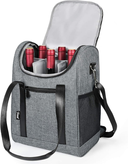 Tirrinia 6 Bottle Wine Cooler Bag - Insulated & Padded Versatile Wine Gift Carrier Tote Bag for Travel, BYOB Restaurant, Wine Tasting, Party, Best Gift for Wine Lover, Grey