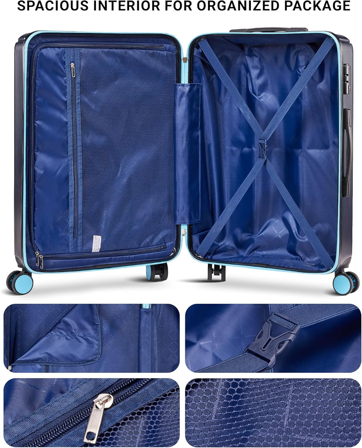 Luggage Sets 3 Piece Hardside Suitcase with Double Spinner Wheels Durable Lightweight Shell with Tsa Lock (20/24/28in) Blue