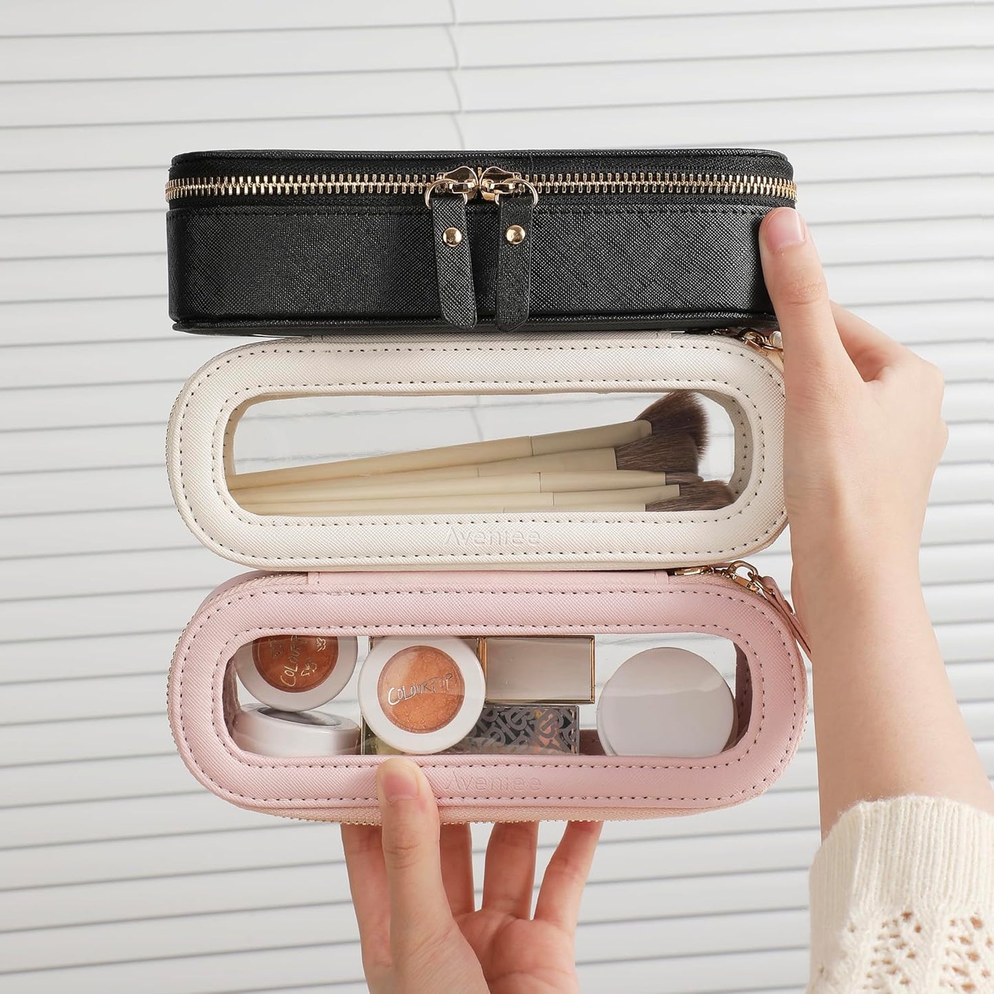Aveniee Slim Clear Makeup Brush Bag, Small Cosmetic Brush Holder, Mini Toiletry Bag Travel Case for Women, Thin Make up Bags with Dual Zipper, Cute Travel Essentials Bag Organize - White