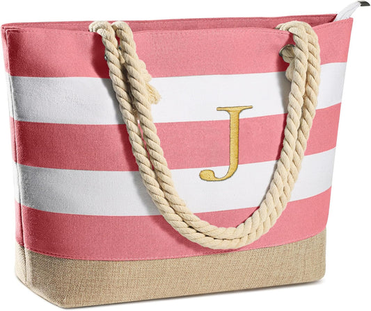 YOOLIFE Initial Canvas Waterproof Beach Tote Bag Zipper Personalized Gifts for Women Her Birthday Travel Beach Essential