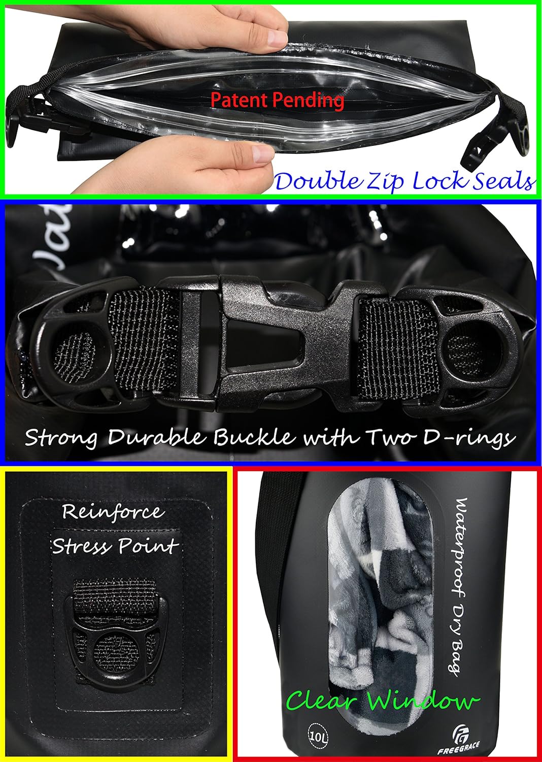 Freegrace Waterproof Dry Bags Set Of 3 Dry Bag With 2 Zip Lock Seals & Detachable Shoulder Strap, Waist Pouch & Phone Case - Can Be Submerged Into Water - For Swimming (Black(Window), 5L)