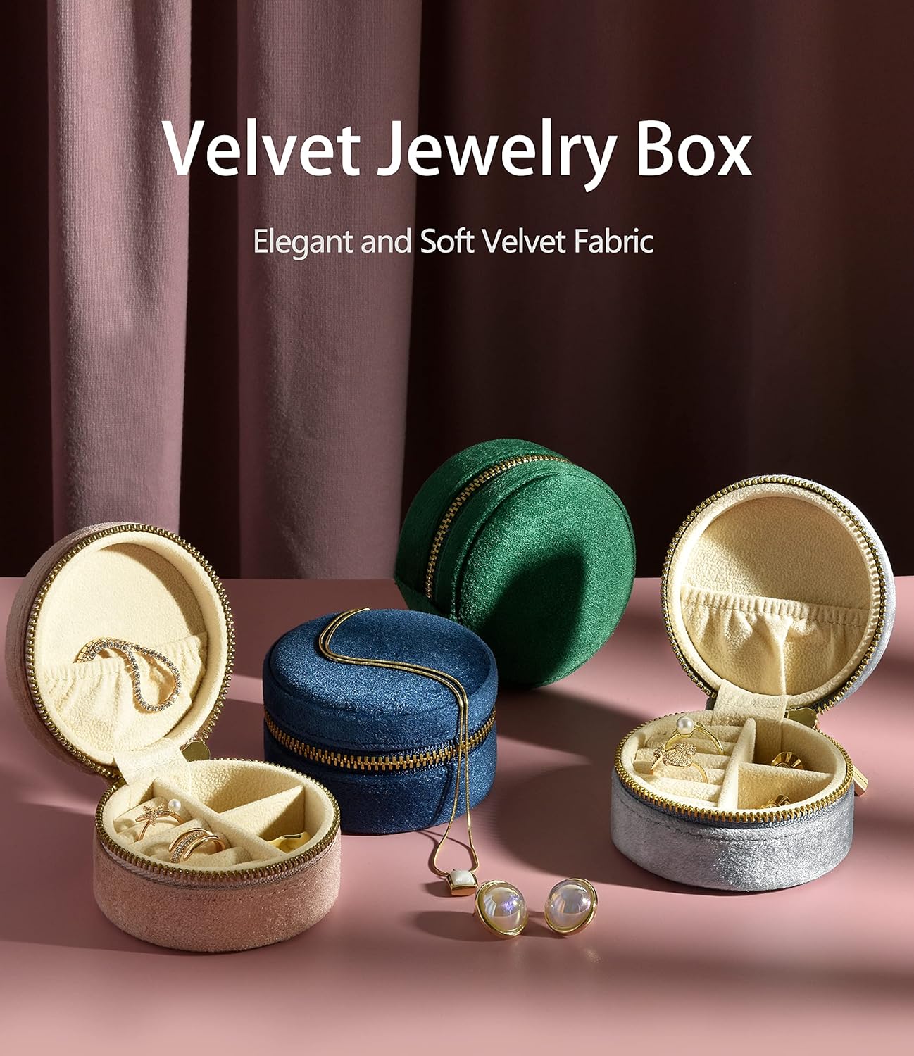 TAIMY Plush Velvet Travel Jewelry Box, Round Mini Travel Jewelry Case for Women Girls, Portable Mini Jewelry Travel Organizer Boxes for Rings Earrings Necklaces Bracelets(Ocean Blue)