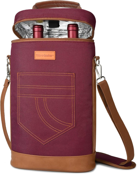 Tirrinia 2 Bottle Wine Gift Tote Carrier - Leakproof & Insulated Padded Versatile Wine Cooler Bag for Travel, BYOB Restaurant, Wine Tasting, Party, Dinner, Gift for Wine Lovers, Red