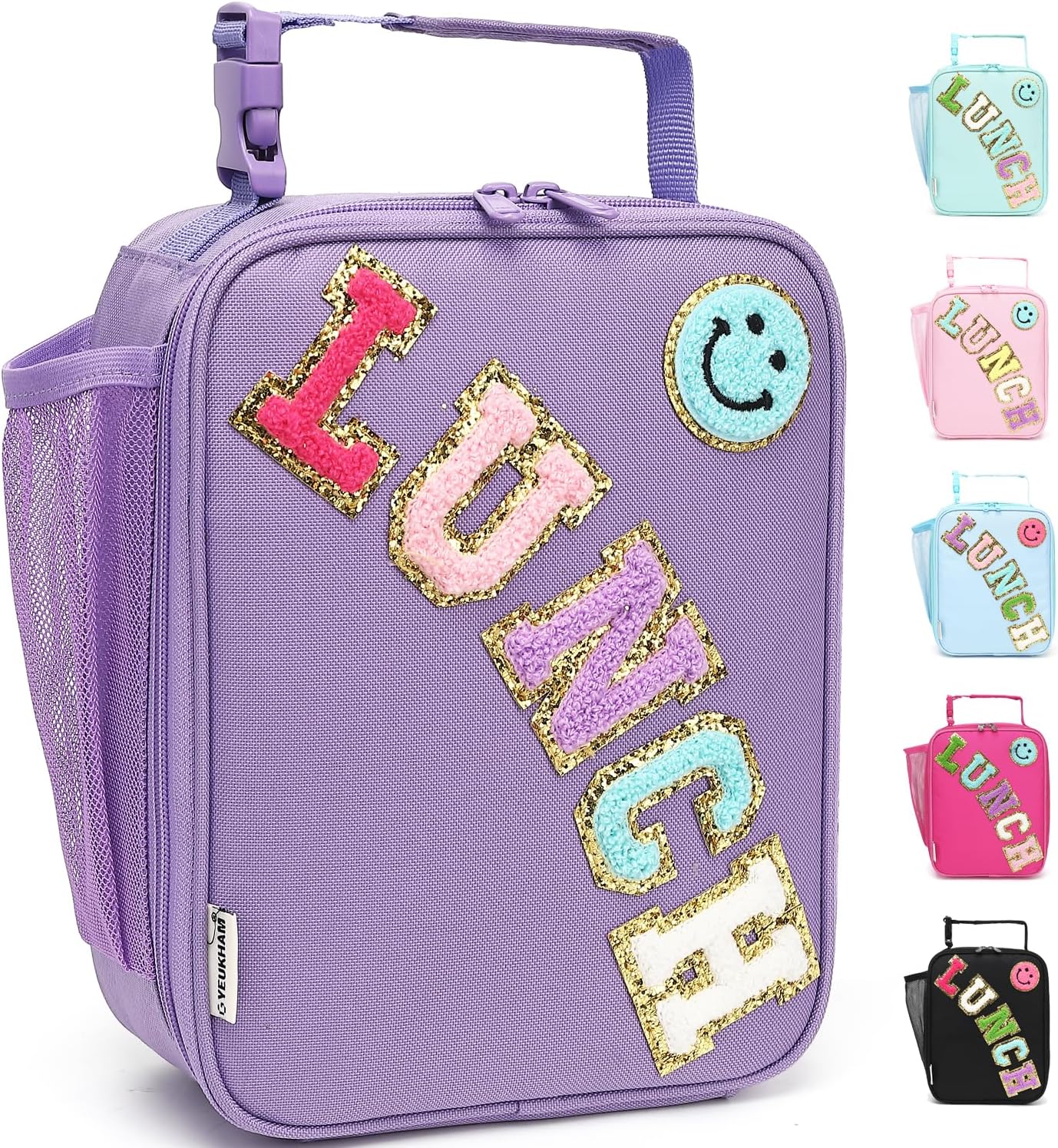 FlowFly Lunch box Insulated Soft Bag Mini Cooler Back to School Thermal Meal Tote Kit With Buckle and Mesh Side Pocket for Girls, Boys, PurpleWithLetter