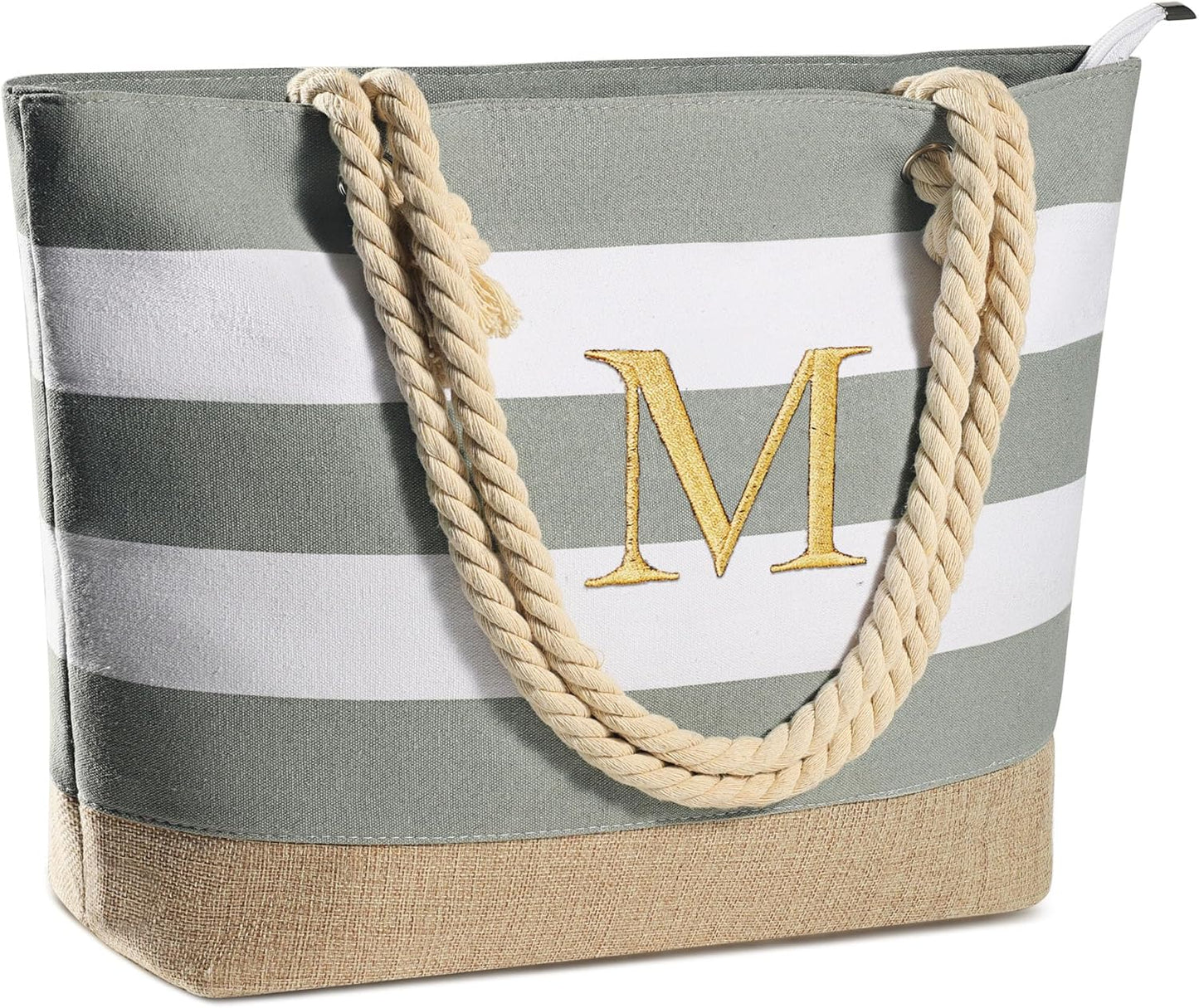 YOOLIFE Initial Canvas Waterproof Beach Tote Bag Zipper Personalized Gifts for Women Her Birthday Travel Beach Essential