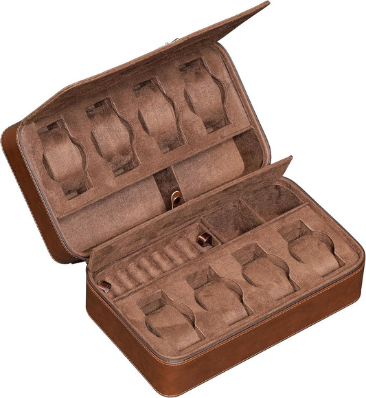 ROTHWELL 8 Watch Travel Case Storage Organizer for 8 Watches, Sunglasses, Rings & Cufflinks |Tough Portable Protection with Zipper Fits Most Wristwatches & Smart Watches Up to 50mm (Tan/Brown)