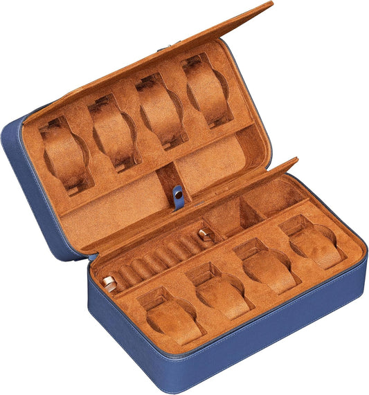 ROTHWELL 8 Watch Travel Case Storage Organizer for 8 Watches, Sunglasses, Rings & Cufflinks |Tough Portable Protection with Zipper Fits Most Wristwatches & Smart Watches Up to 50mm (Blue/Tan)